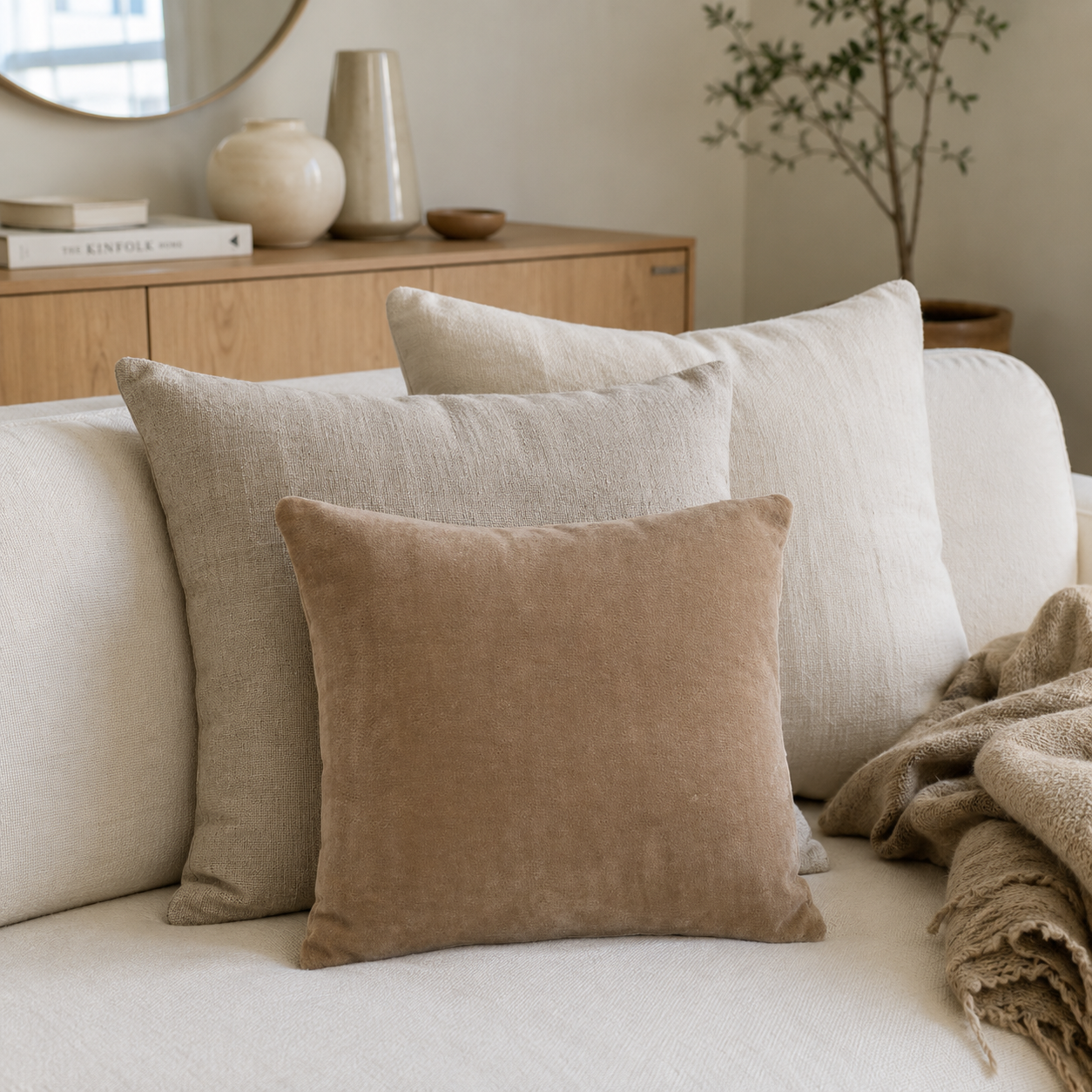 Ollis lysbeige pyntepude i polyester, sat fra forfra