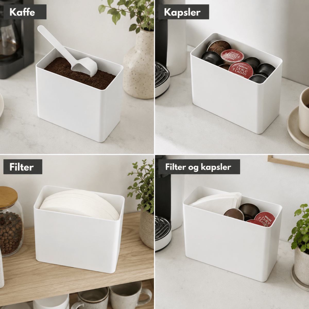 Hvit kaffeboks brukt til oppbevaring av kaffe, kaffekapsler og kaffefilter i fire ulike varianter.