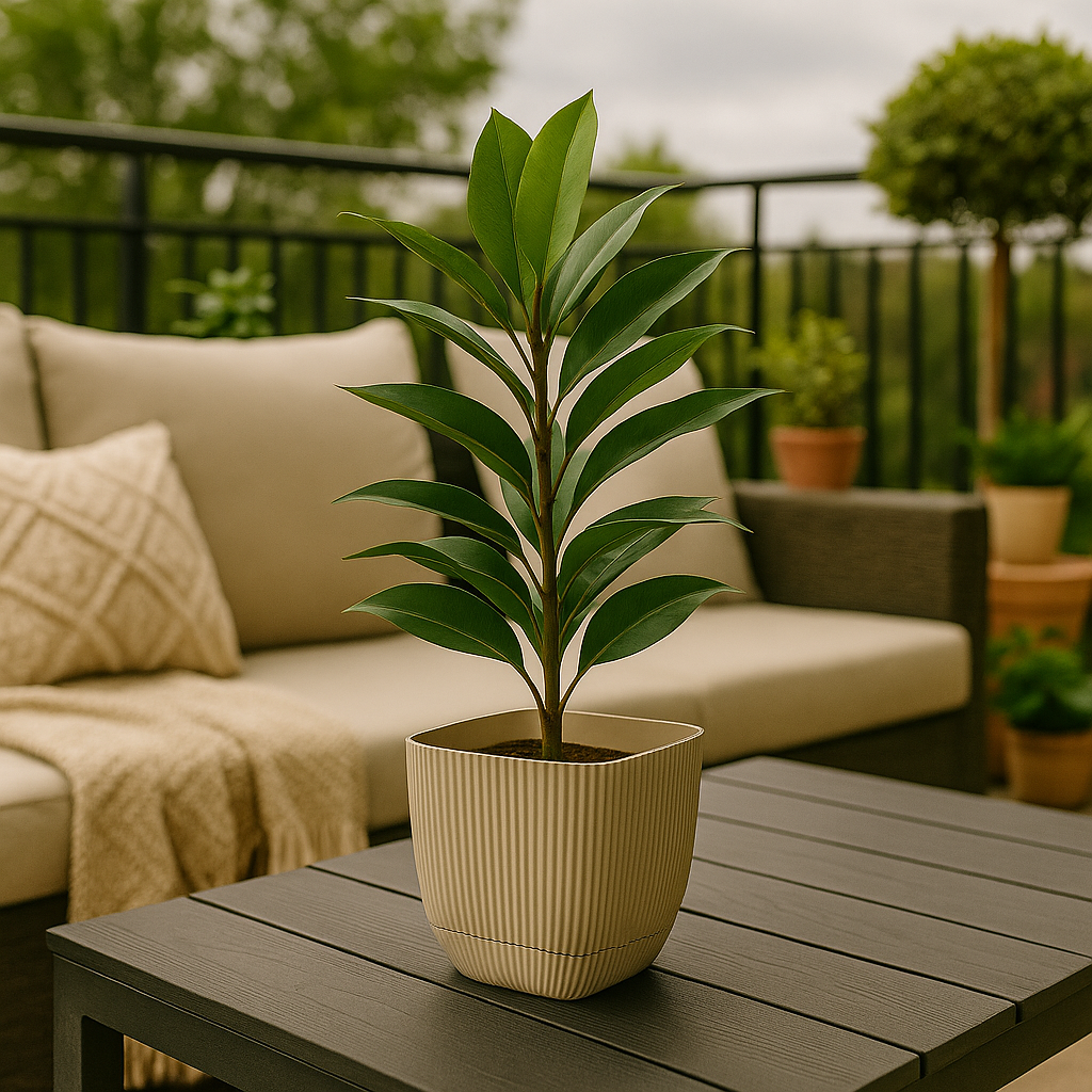 Kunstig plante i rillet beige potte på svart bord ute på stylet veranda med puter og grønn bakgrunn.