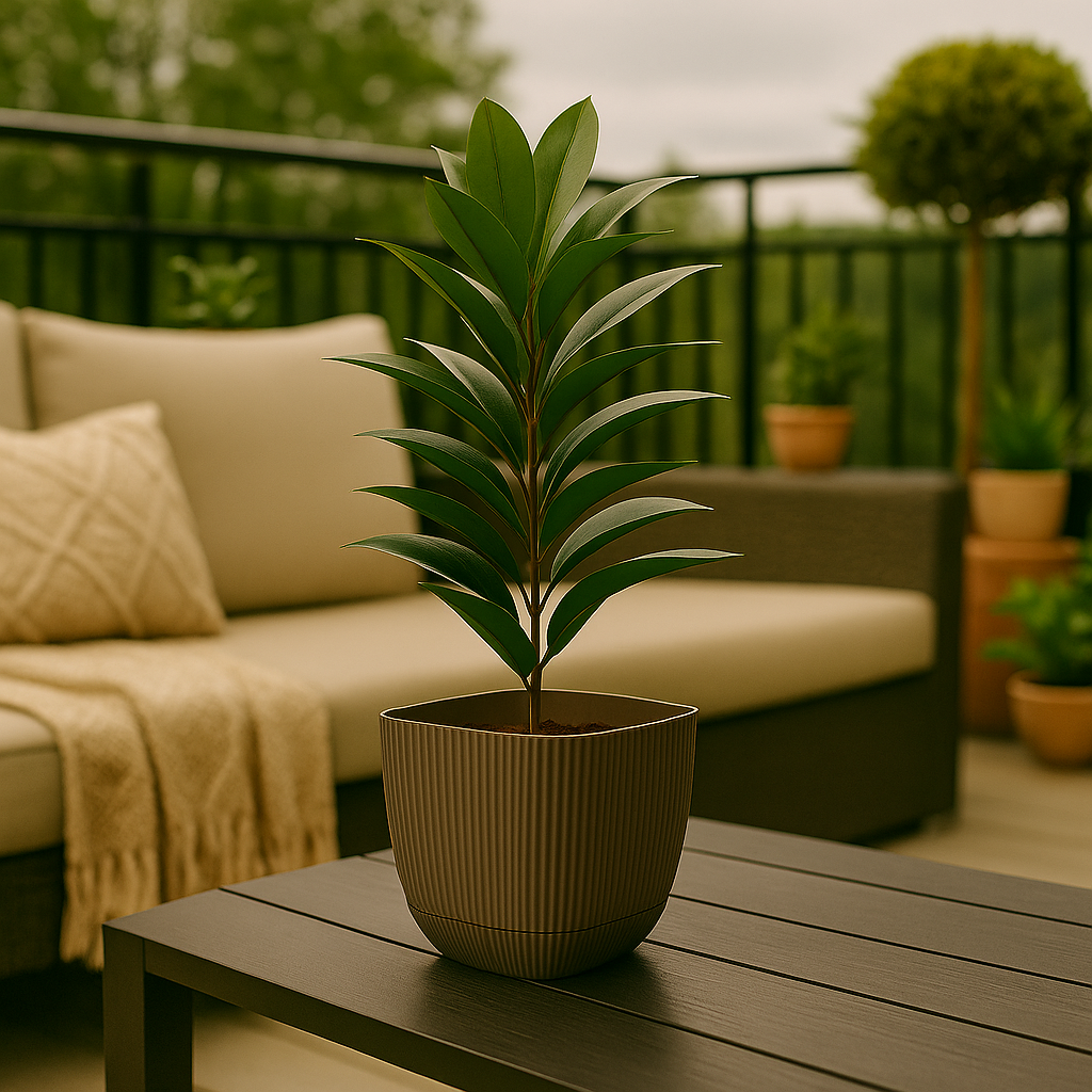 Plante i brun potte plassert på bord i stylet veranda med beige sofa og grønne omgivelser.