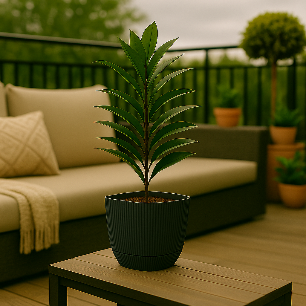 Plante i mørkegrå, rillet plastpotte plassert på bord i stilfull veranda med utemøbler og grønne omgivelser.