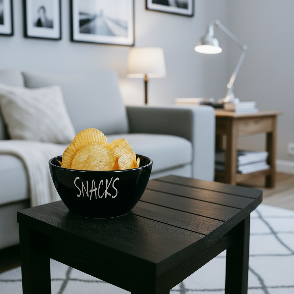 Snacks-skål med potetchips på bord i stylet stue med varm belysning.