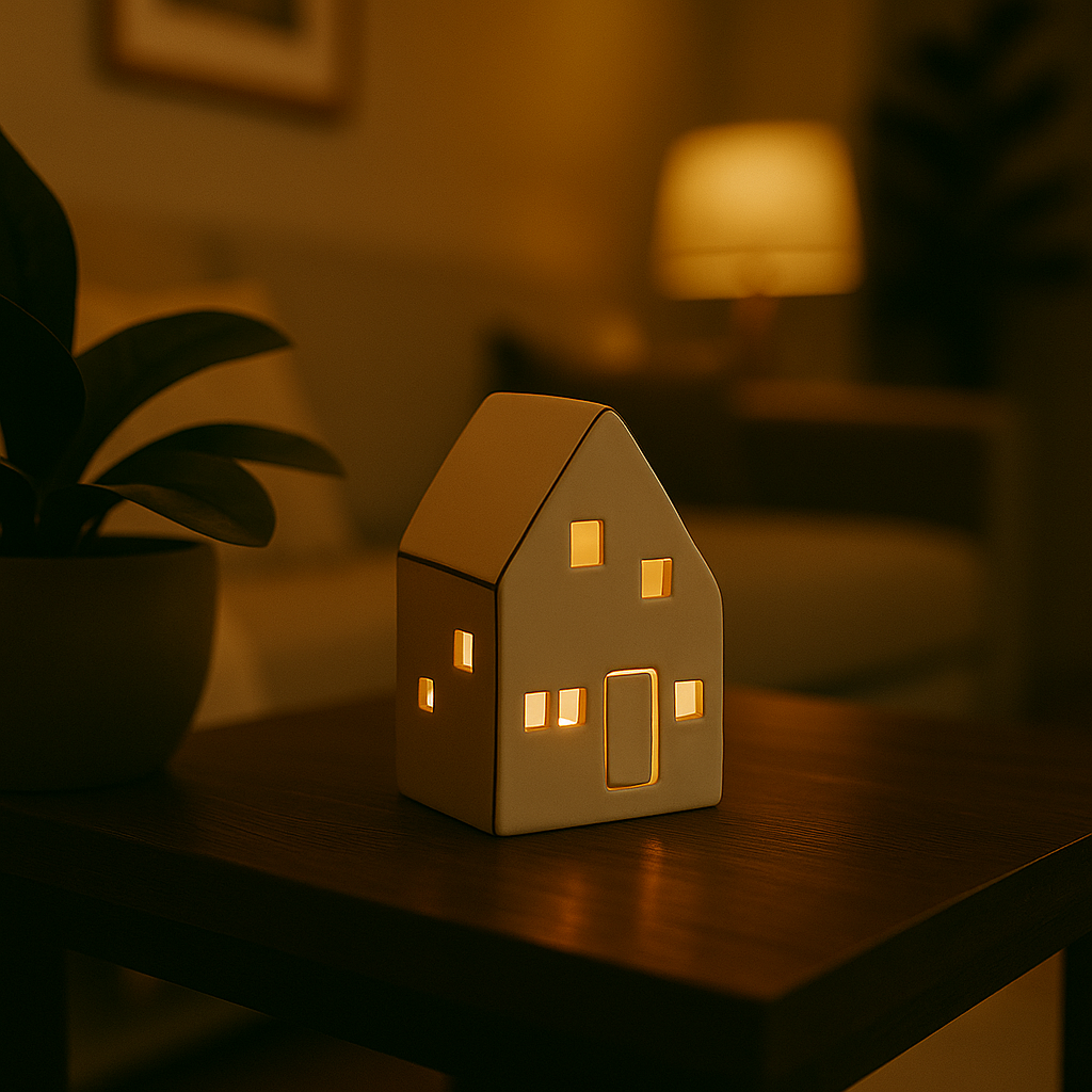 Lyst keramikkhus med varm belysning skaper koselig stemning på stuebordet med planter og dempet lys.