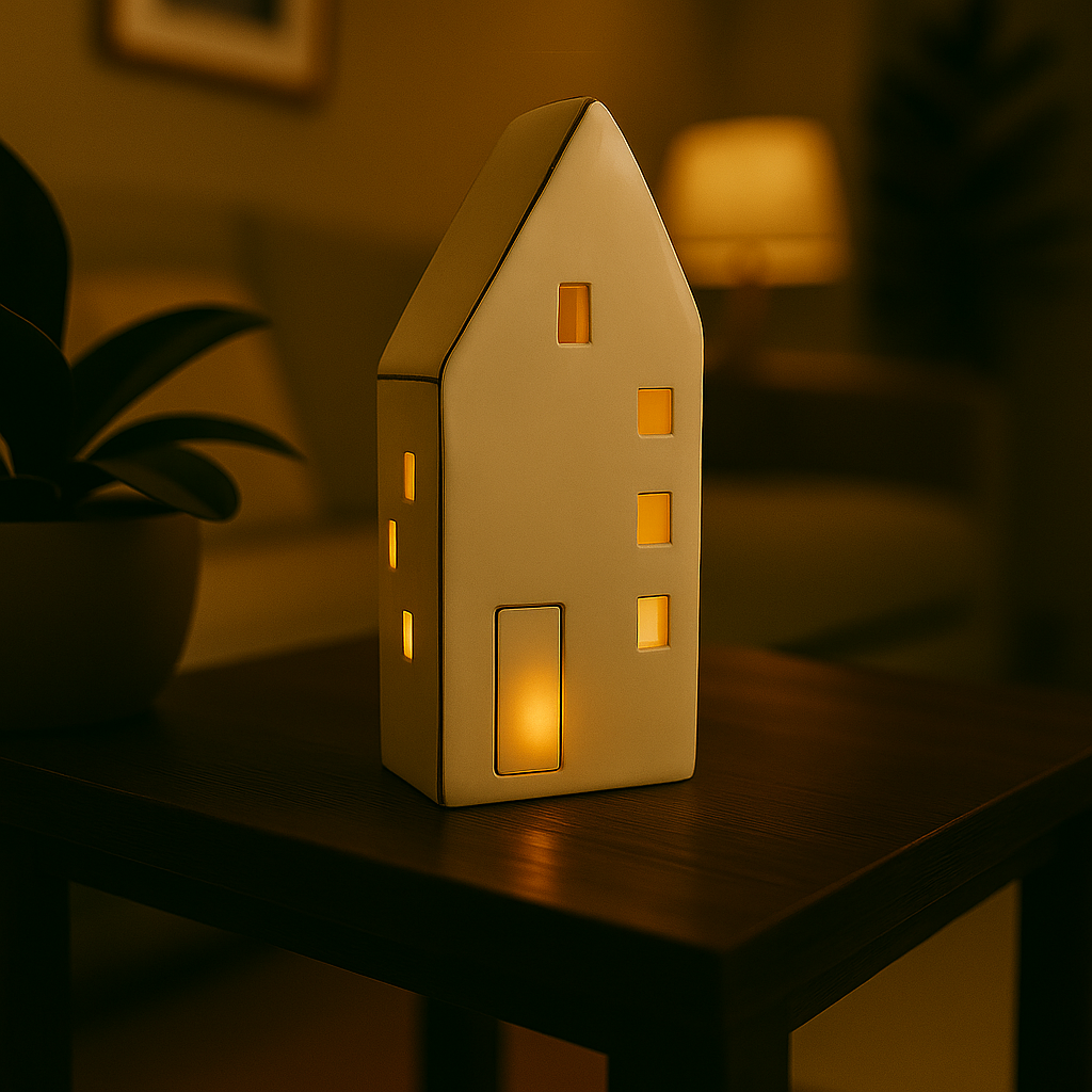 Keramikkhus med lys inni, plassert på mørkt bord i stemningsfull stue.