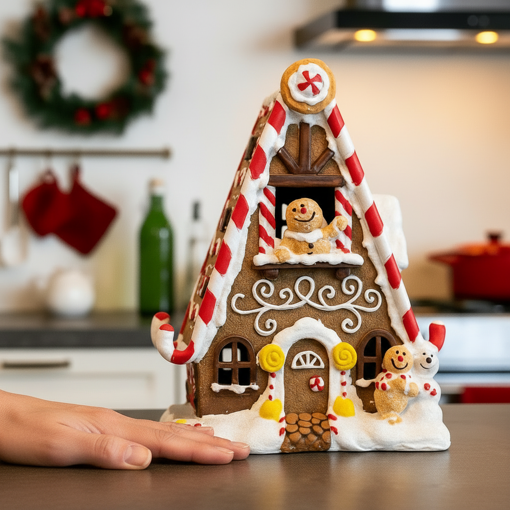 Pepperkakehus med rød-hvite detaljer og pepperkakemann i vinduet, på kjøkken med julepynt i bakgrunnen.