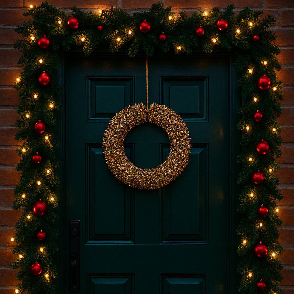 Gullglitrende julekrans på mørk grønn inngangsdør, pyntet med girlander, røde kuler og varmhvite lys.
