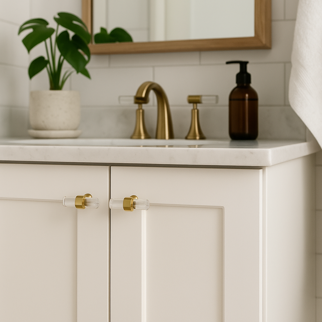 Monterte Nesu T-bar knotter i glass og messing på hvite baderomsskap.