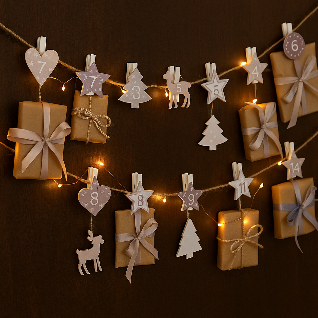 Adventskalender hengt opp på vegg med små gaver og lyslenke festet til klypene.