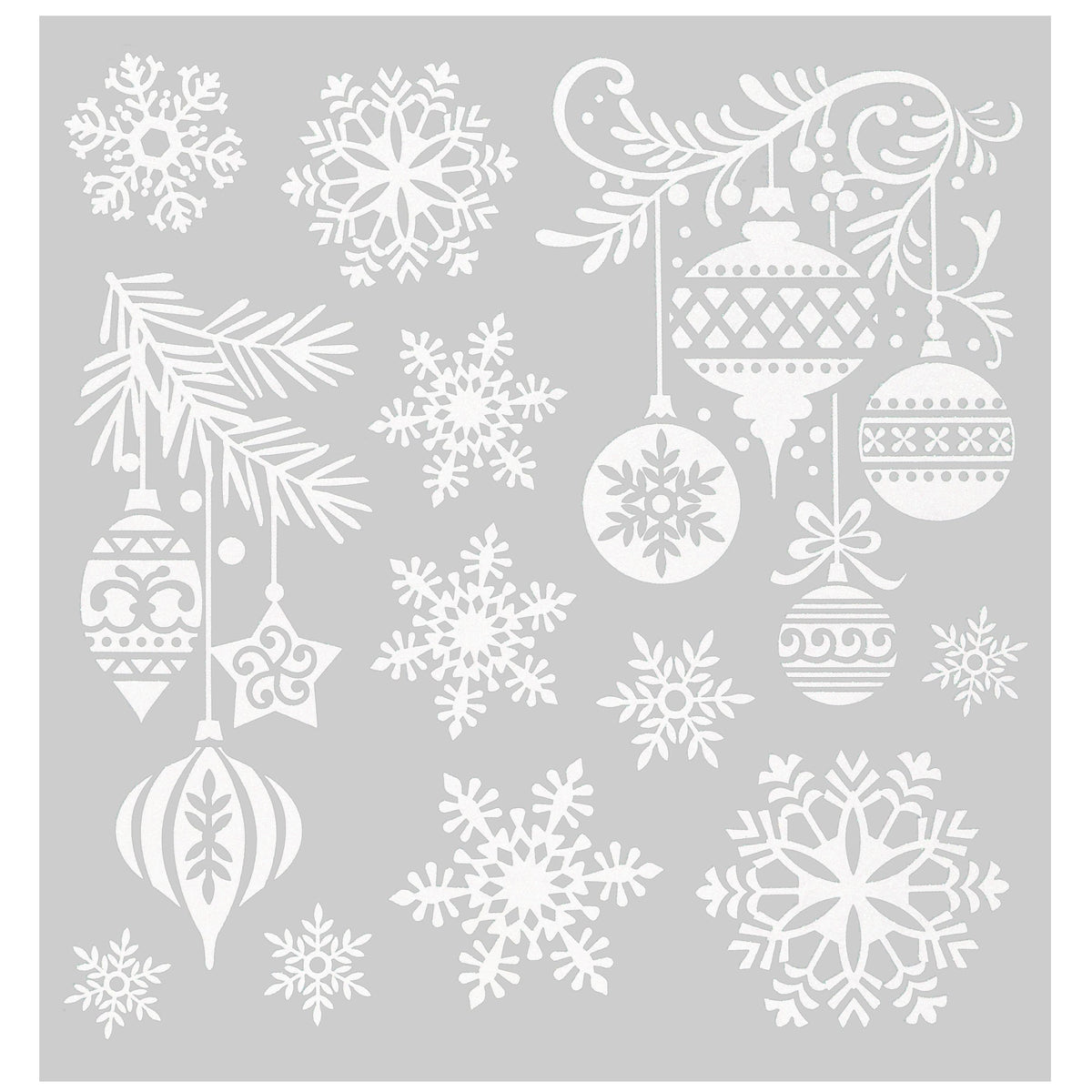 Julestickers med glitter 6 design 31,5 x 30,4 cm, ark med julekuler, grankvister og snøkrystaller