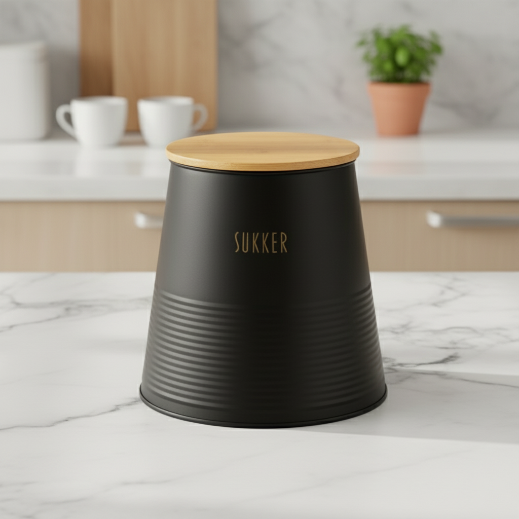 Kvadratisk nærbilde av sukkerbeholder i sort metall med naturfarget bambuslokk i moderne kjøkkenmiljø