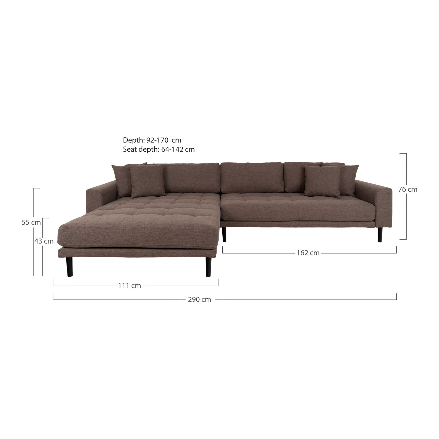 Teknisk tegning av Lido Lounge Sofa venstrevendt i brun tekstil.