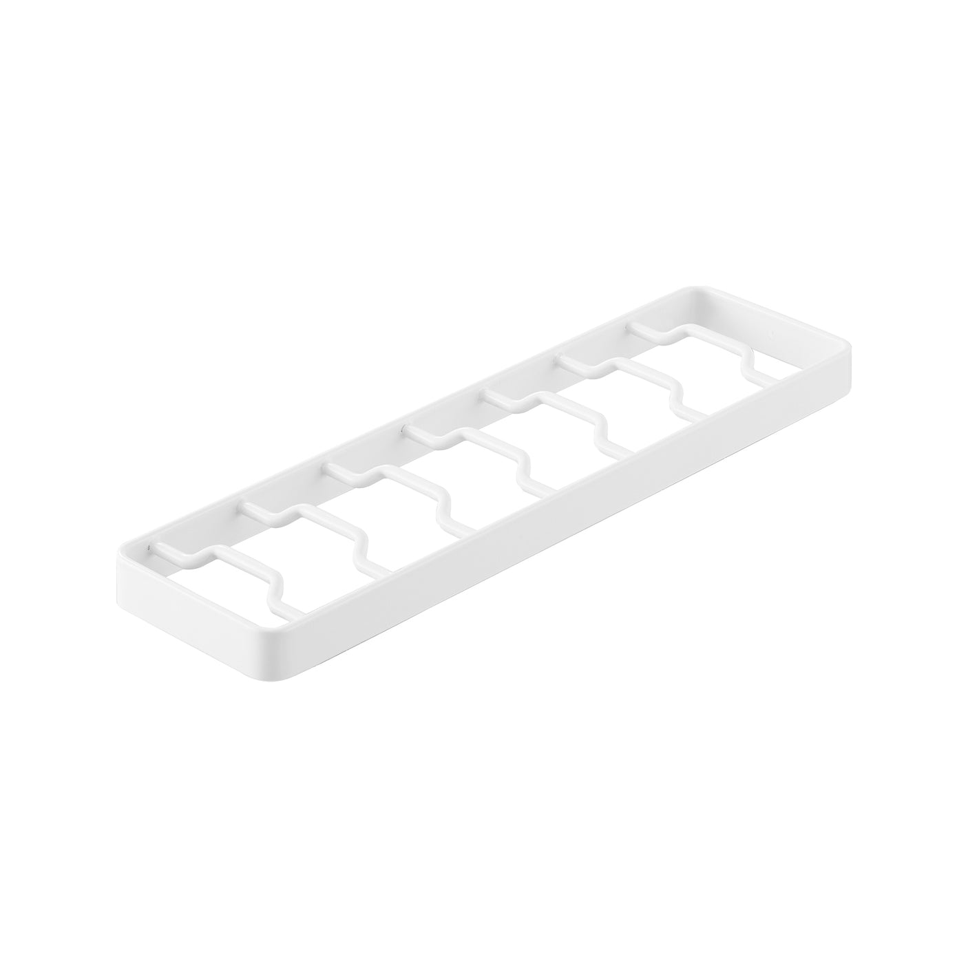 Hvitt skålstativ i plast med plass til flere skåler, brukt i kjøkkenskap for organisering.