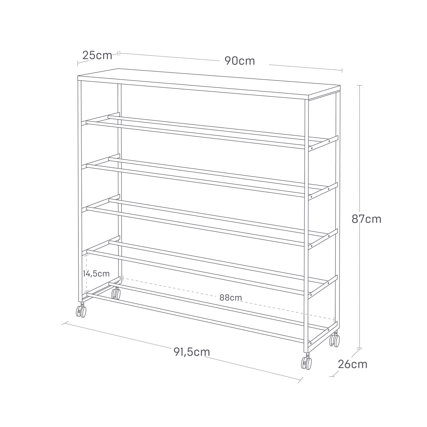 Illustrasjon av skohylle med 5 nivåer og metallramme