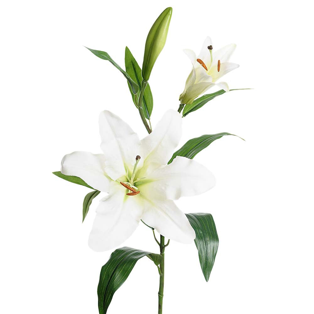 Kunstig hvit lilje med realistiske blomster og blader på grønn stilk.