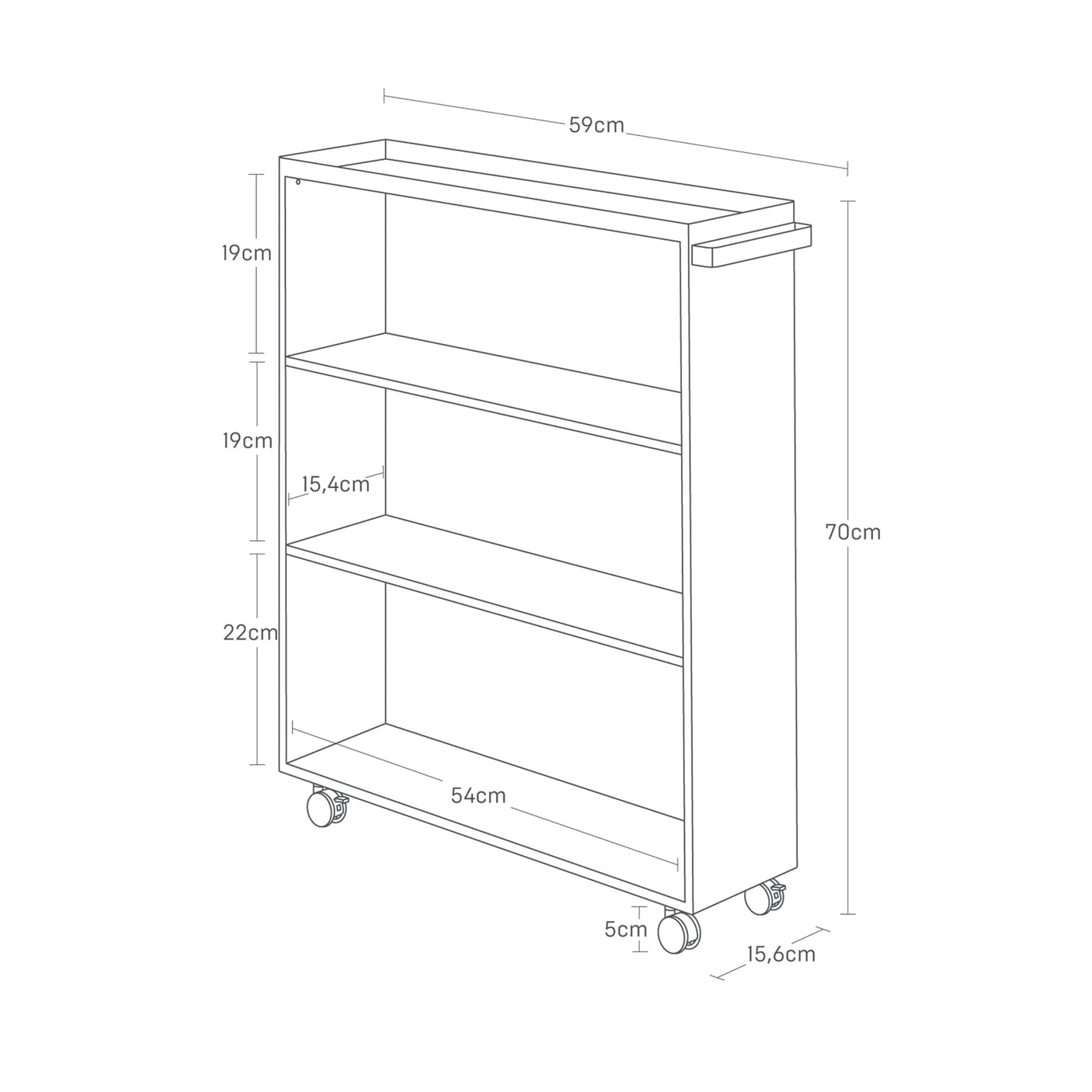 Smal sort hyllevogn med bøker og dekor i stue.