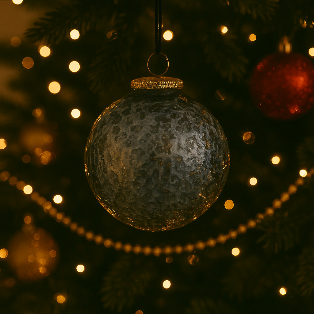 Matt grå julekule – på juletre med varmhvite lys og gyllen perlekjede som pynt.