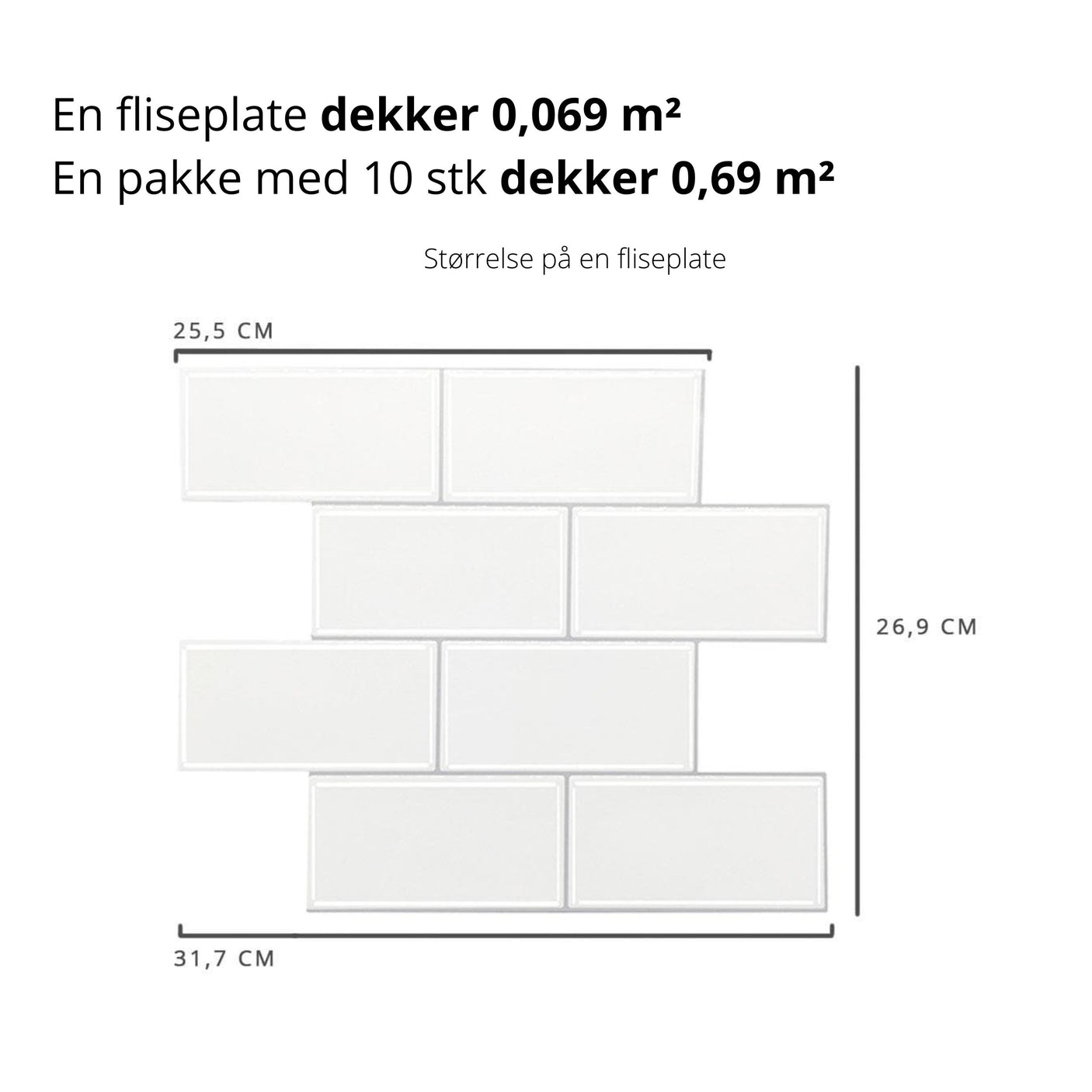 Illustrasjon som viser størrelse og dekkevne på subway hvit veggfliser, 25,5 x 31,7 cm.