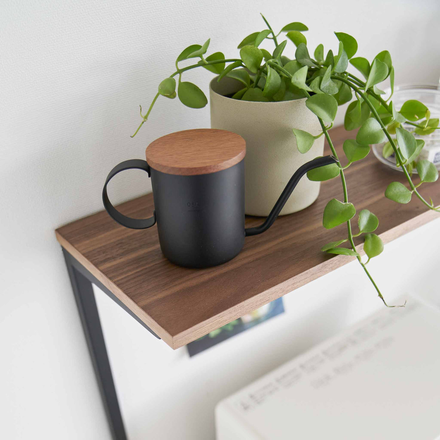 Detaljbilde av treplate på kjøkkenhylle med kopp og plante