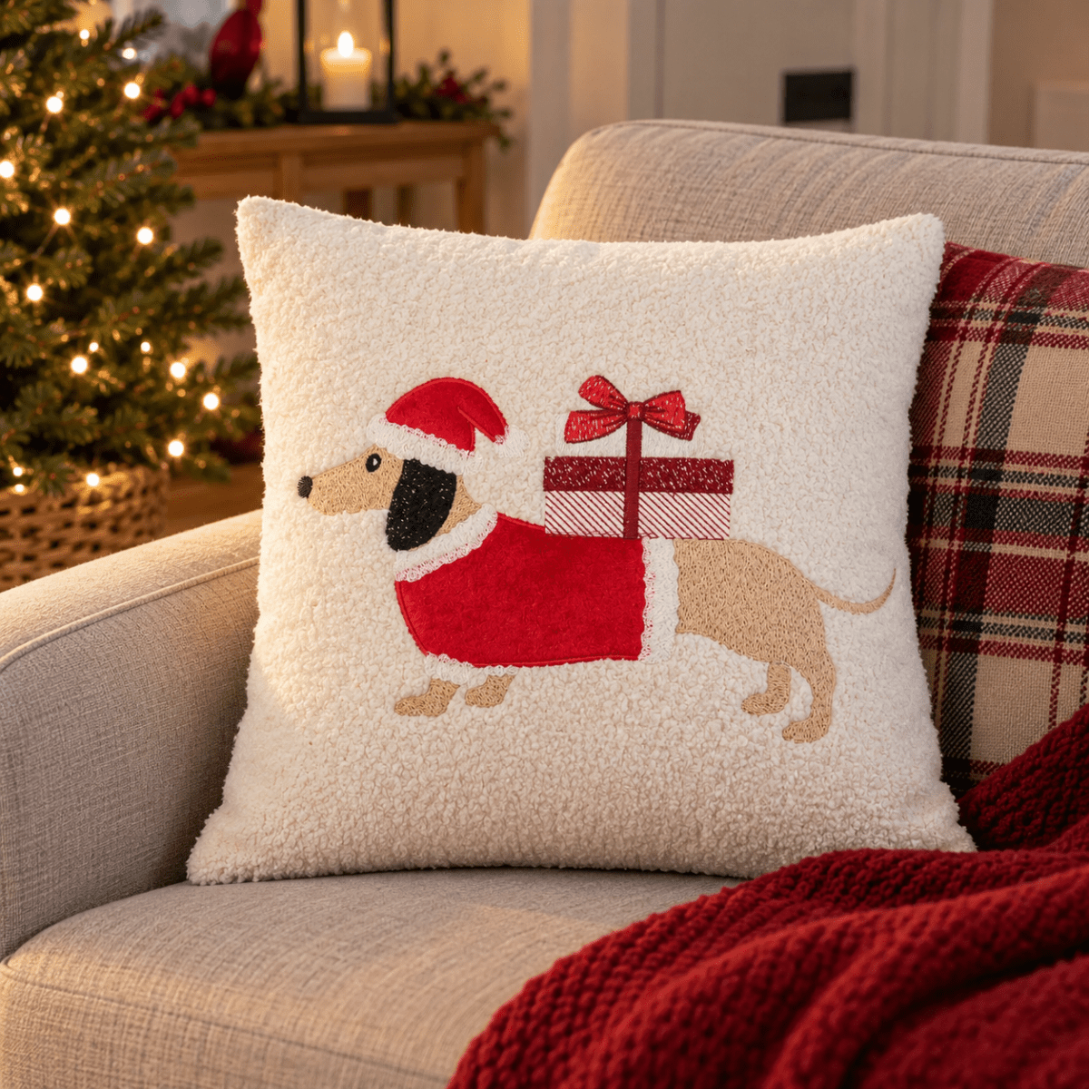 Julepute dachshund med gave hvit 40 x 40 cm - Lindas Dekor Pynteputer