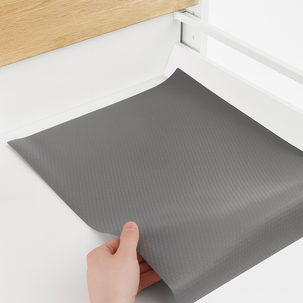 Grå skuffematte med sklisikker overflate legges i skuff for å beskytte mot riper og slitasje.