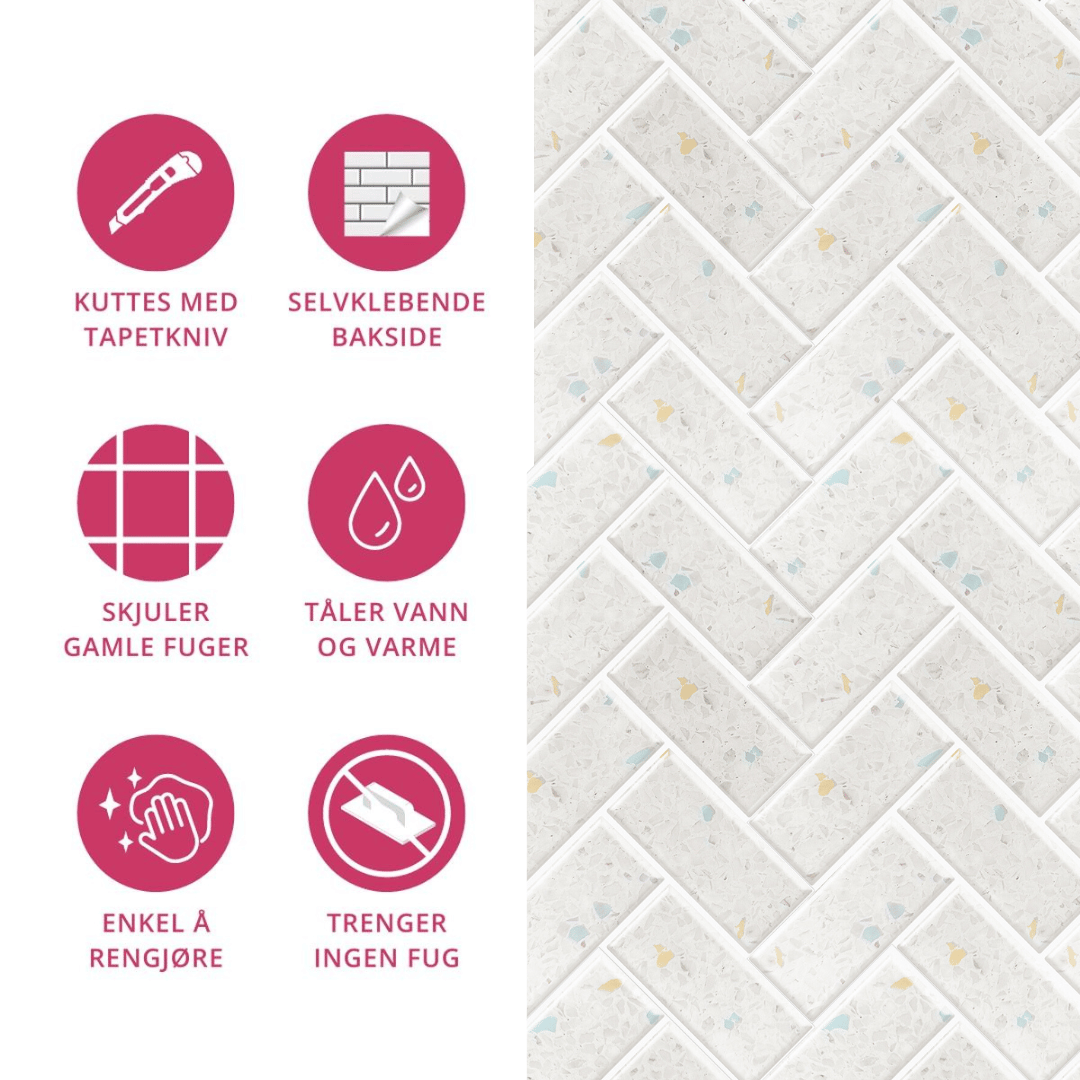 Terrazzo-fliser med ikoner som viser enkel montering, skjuler fuger, tåler varme og trenger ingen ekstra fuging.