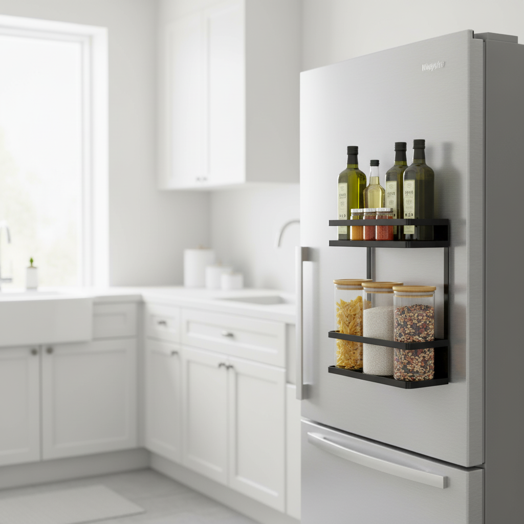 Praktisk metallhylle med magnetfeste – plass til krydder, rengjøringsmidler eller småting.