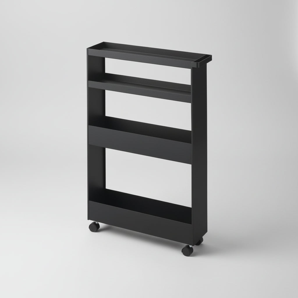 Sort oppbevaringsvogn med fire hyller plassert mellom vaskemaskin og tørketrommel.