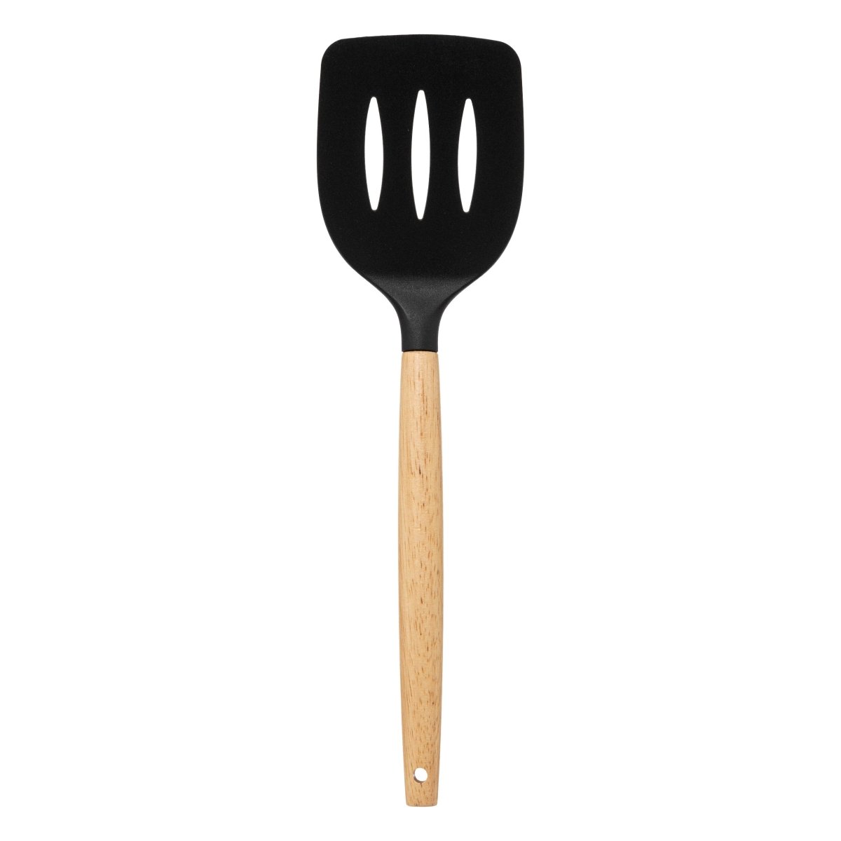 Stekspade med hål, svart huvud och träskaft.