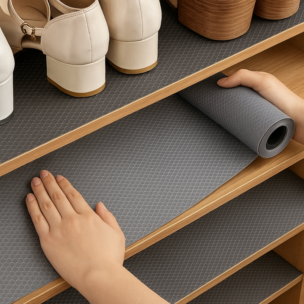 Grå hyllematte rulles ut i skap for å beskytte hyller og forhindre at ting sklir.