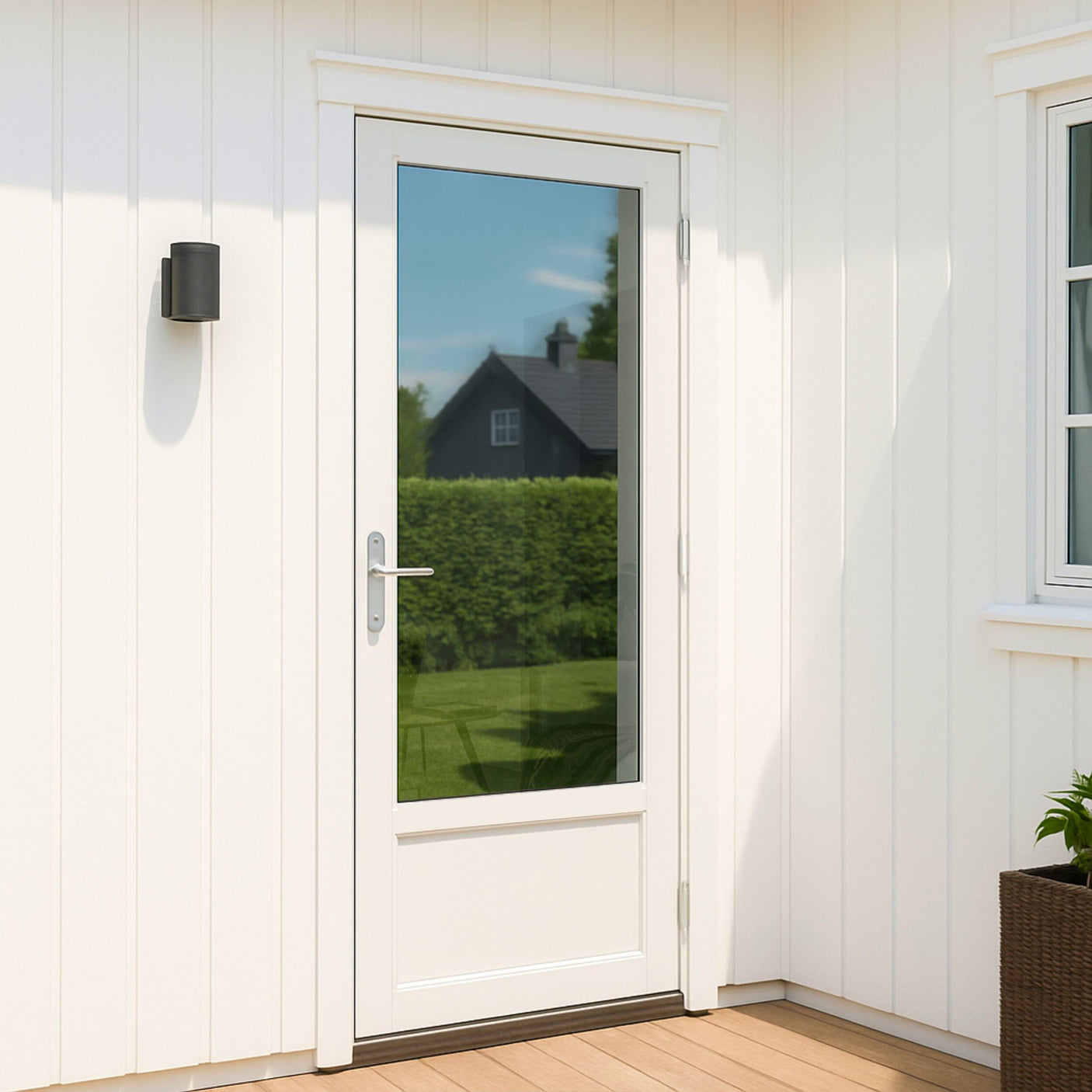 Reflektiv vindusfolie på glassdør som gir speileffekt, blokkerer innsyn og reduserer varme fra solen