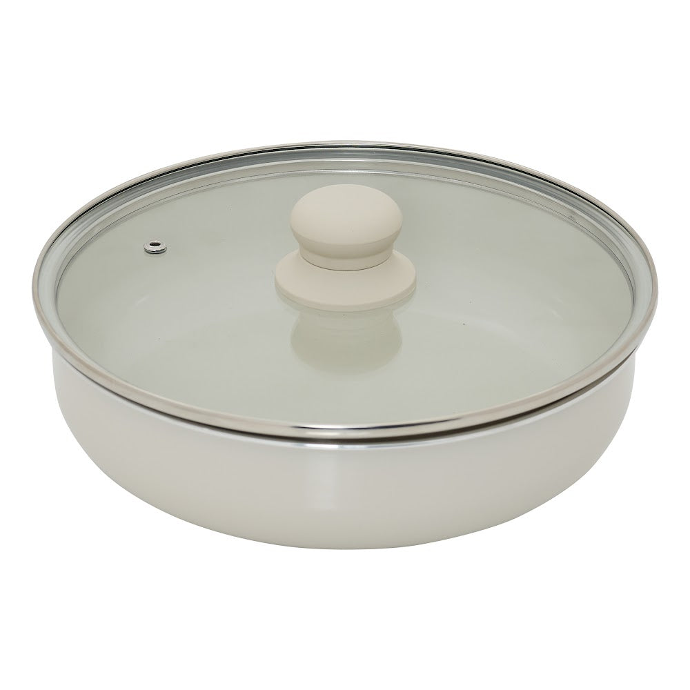 Beige gryte med glasslokk fra kokekarsettet