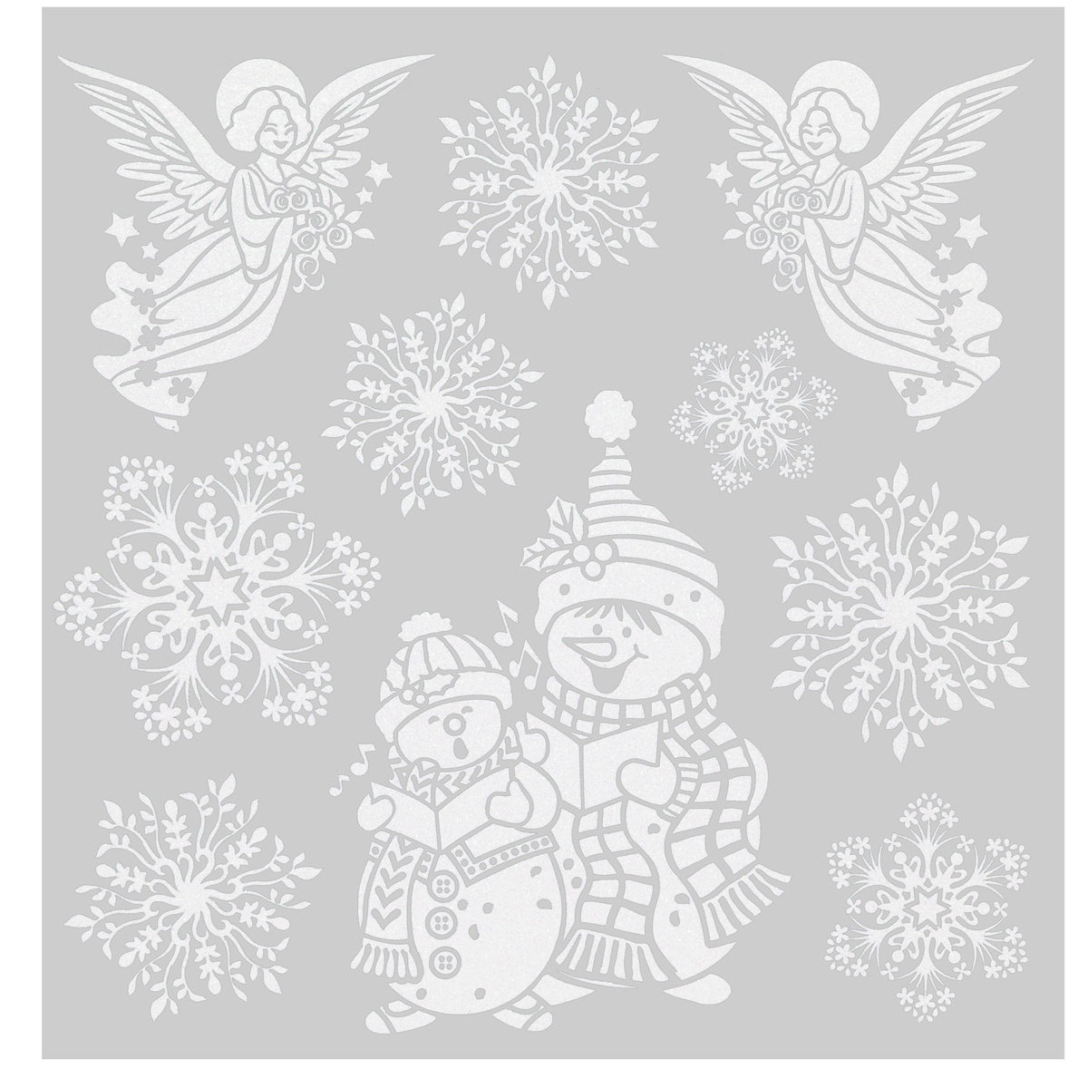 Julestickers med glitter 6 design 31,5 x 30,4 cm, ark med engler og to barn i vinterklær