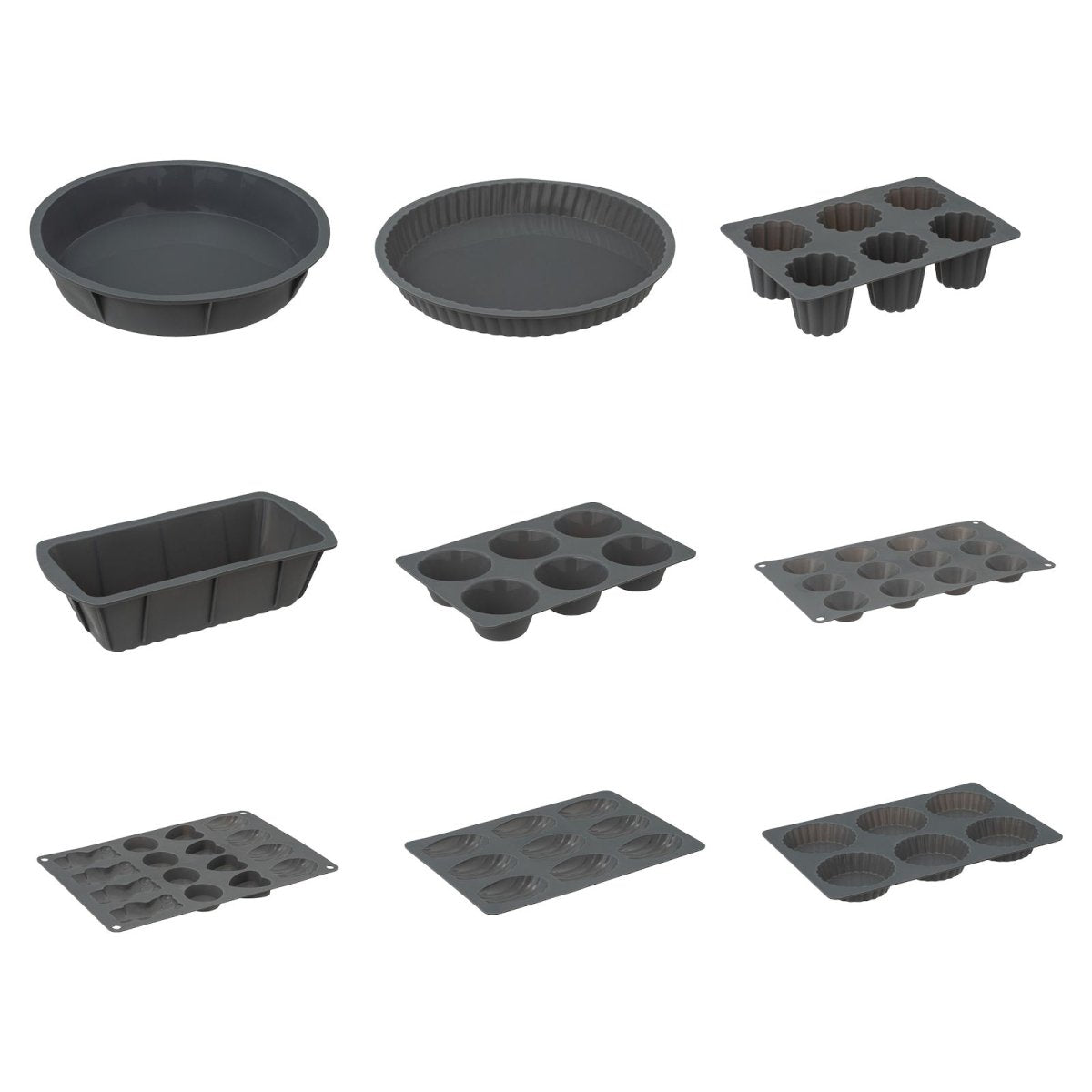 Grå silikon-bakeformer i serie, madeleineform med de øvrige formene
