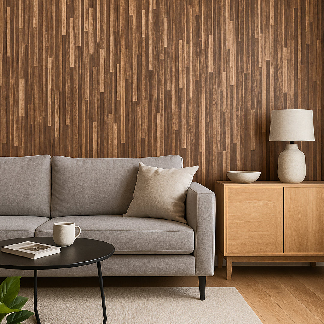 Stue med vegg fornyet med Premium Birmingham brun kontaktplast – varm tremønstret veggfolie stylet med grå sofa og lyse tretoner.