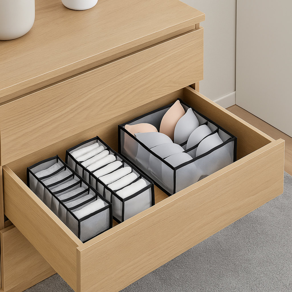 Oppbevaringsboks til garderobe i skuff – perfekt for å holde orden på undertøy, sokker og BH-er med smart og plassbesparende inndeling