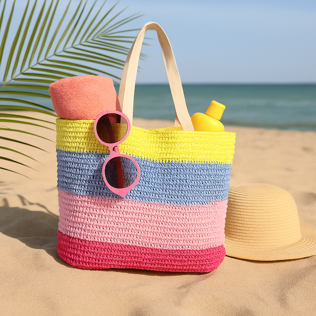 Fargerik strandbag i gult, blått, rosa og rødt fylt med solkrem, håndkle og solbriller, plassert på strand med palmeblad og hatt.