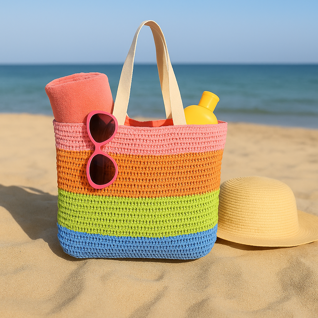 Fargerik strandbag fylt med håndkle, solkrem og solbriller står på stranden ved sjøen.