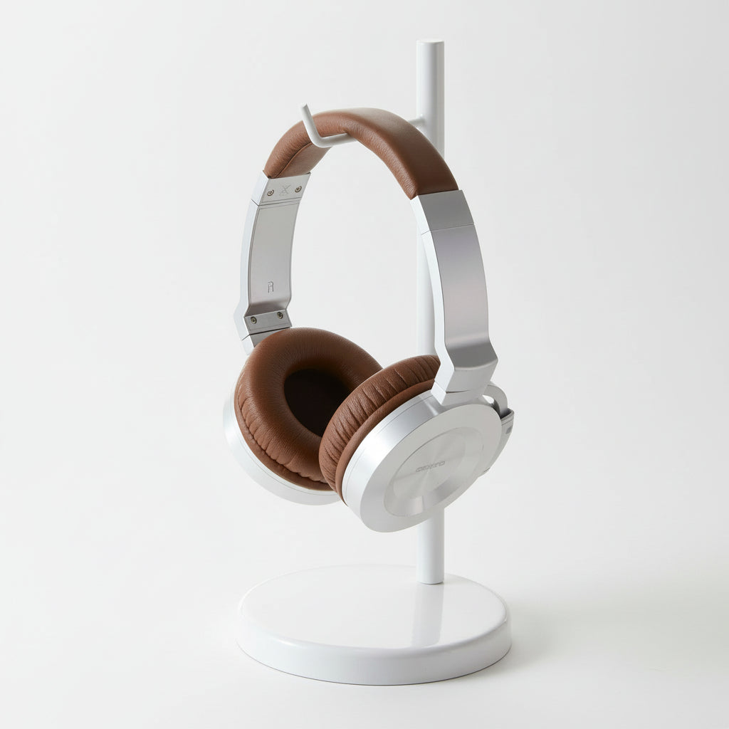 Rundt hodetelefonstativ i hvit metall på kommode.