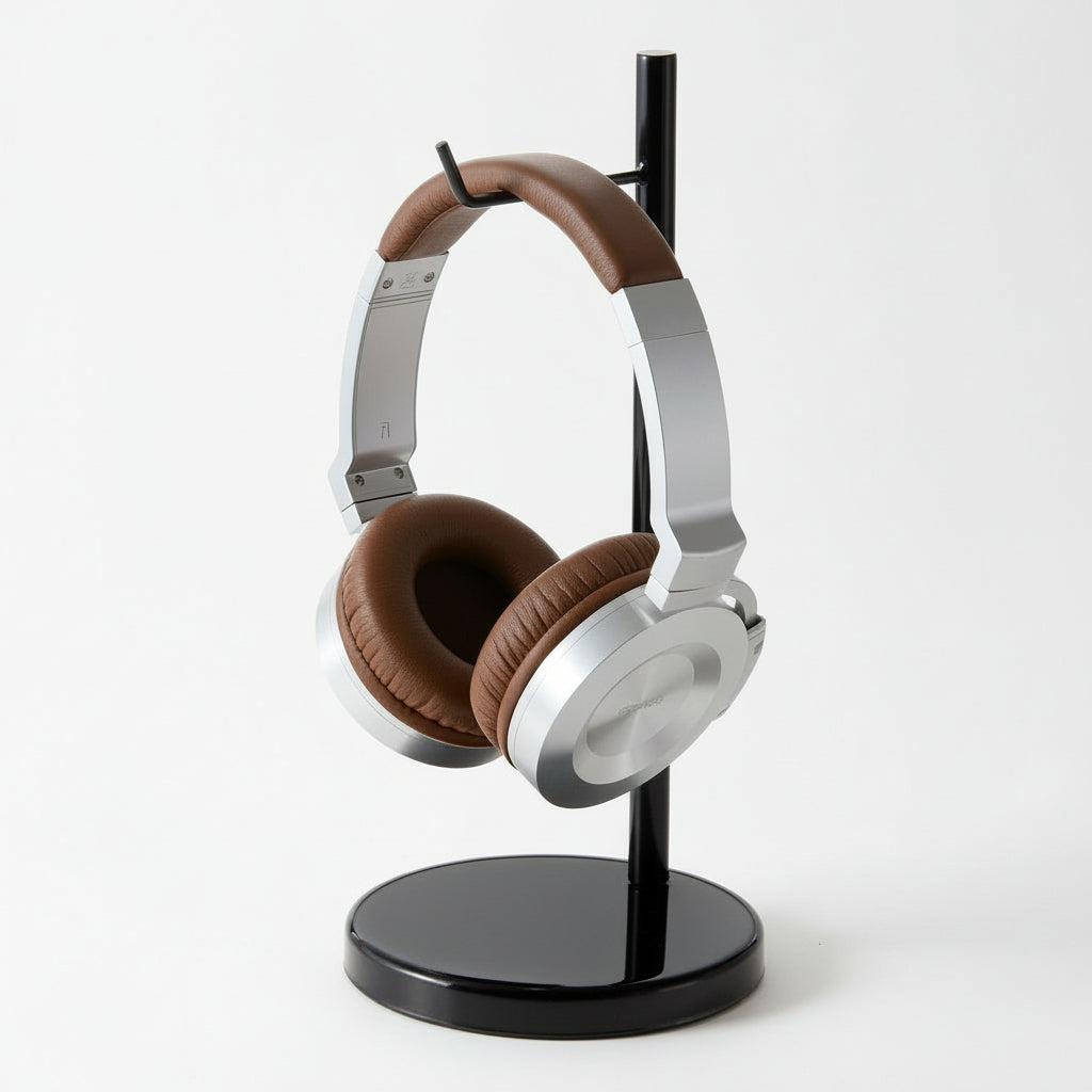 Elegant headset-holder i svart metall.