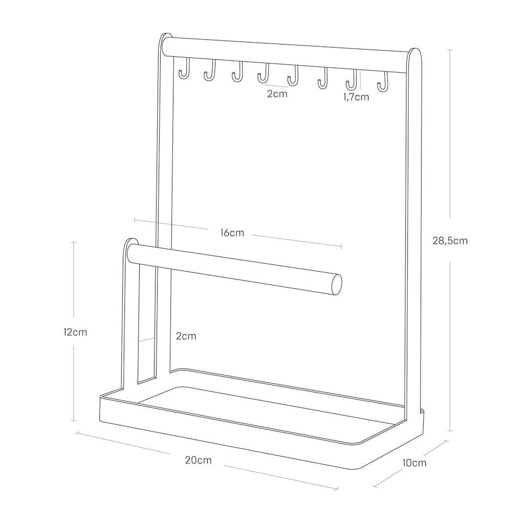 Smykkestativ med kroker og en oppbevaringsskål for små tilbehør.