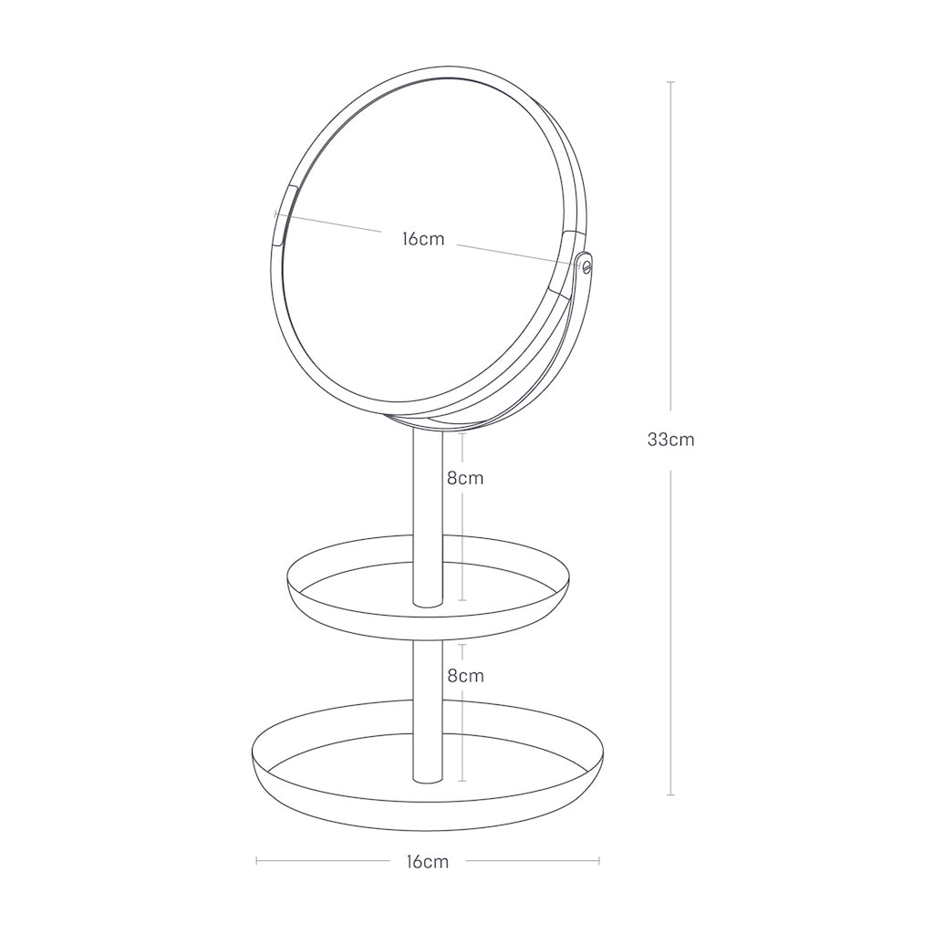 Smykkebrett med speil vist i en dekorativ setting med naturlig lys.