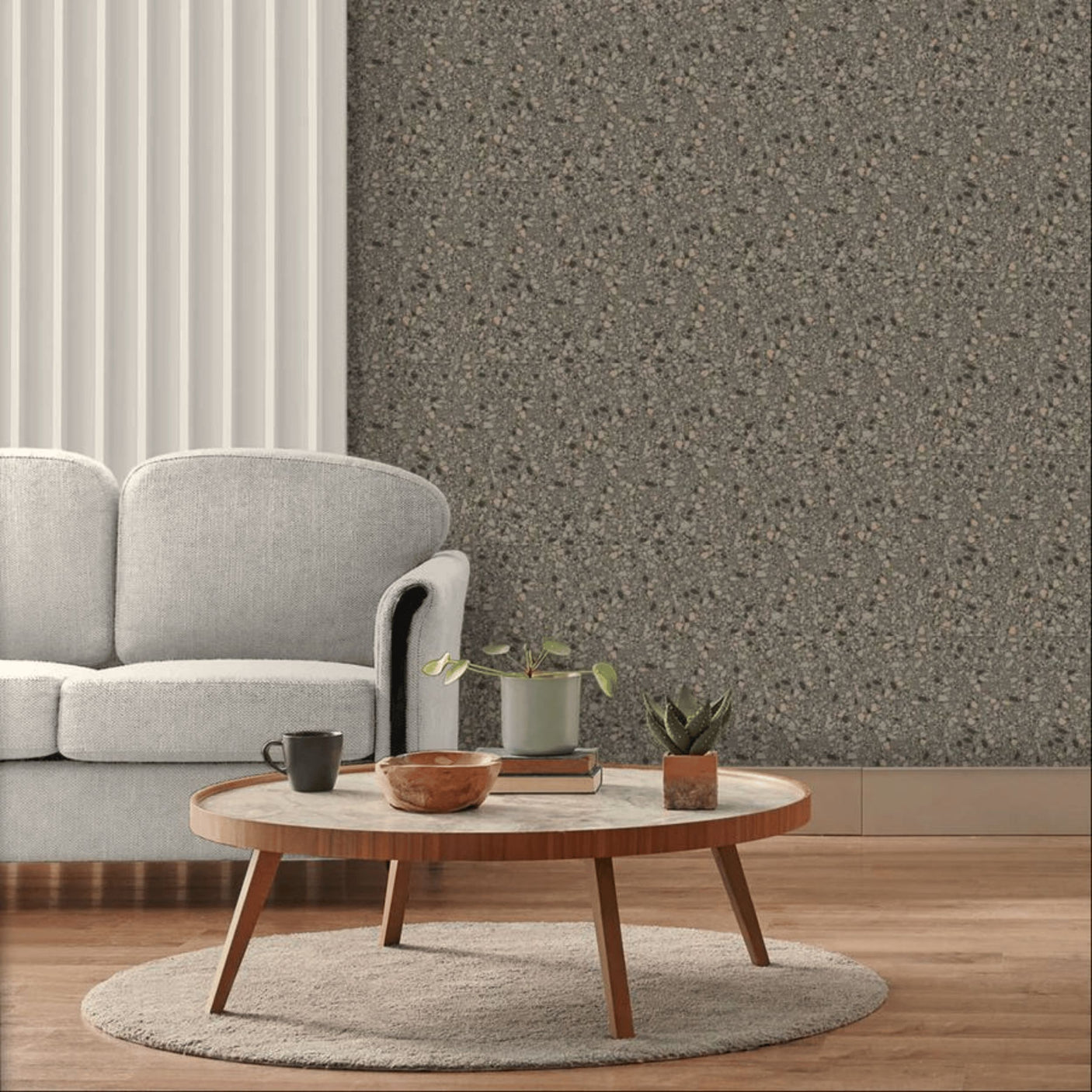 Interiørbilde med Clemont terrazzo fliser kombinert med tre og tekstil