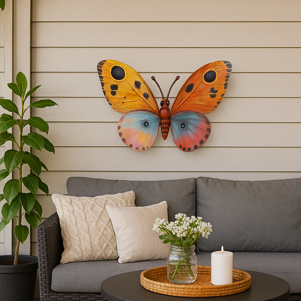 Sommerfugl på vegg: Fargerik metallsommerfugl henger på beige vegg over en grå sofa med puter, bord og grønn plante ved siden av.