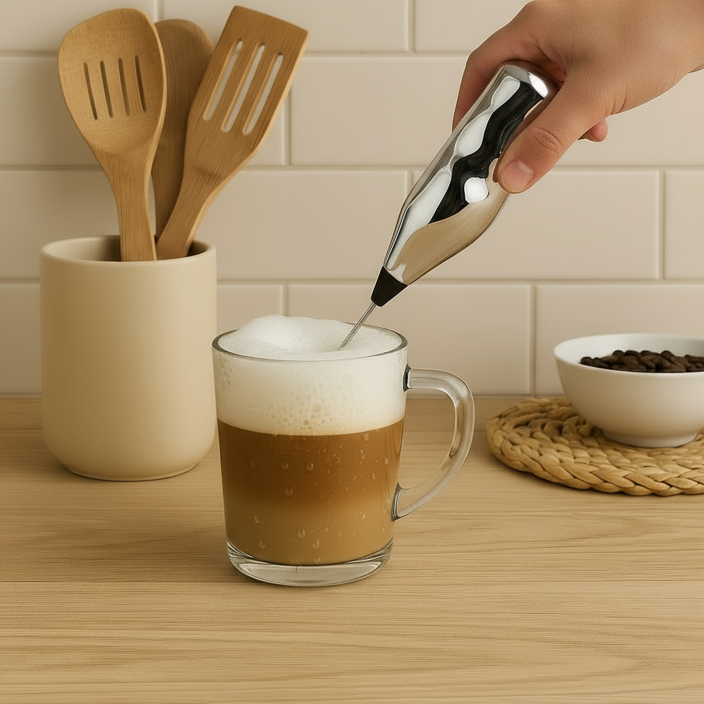 Melkeskummer i bruk på lyst kjøkken, ved siden av kaffekopp med skum.