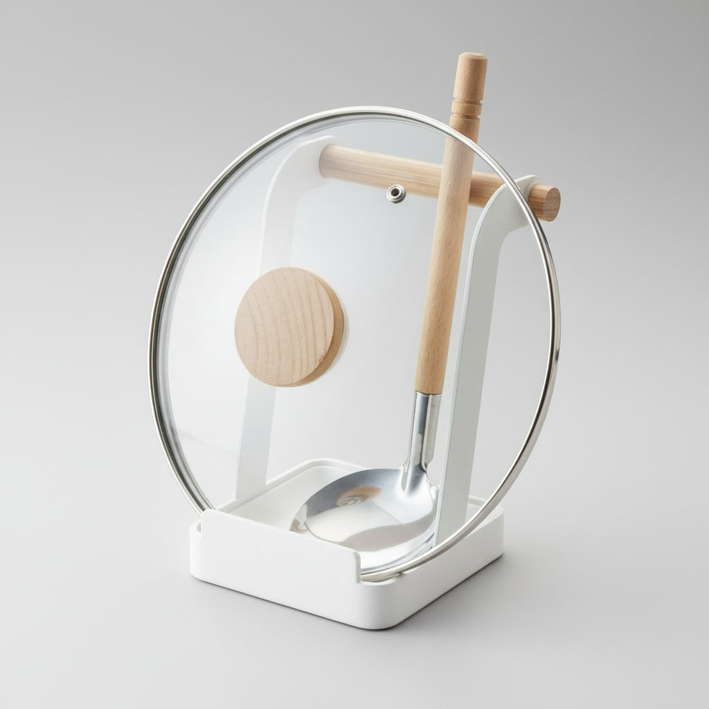 Kjøkkenstativ med lokk og sleiv i praktisk bruk