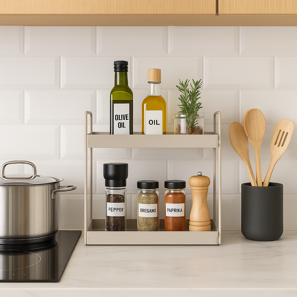 Beige metallhylle med oljer, krydder og urter på stylet kjøkkenbenk ved siden av kokeplate og kjøkkenredskaper.