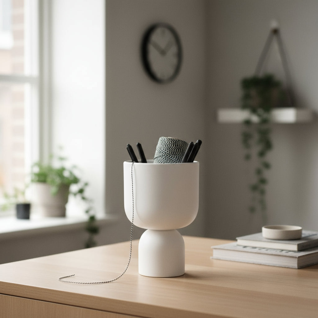 Detaljbilde av DBKD Post vase hvit liten med skulpturell form fra Lindas Dekor