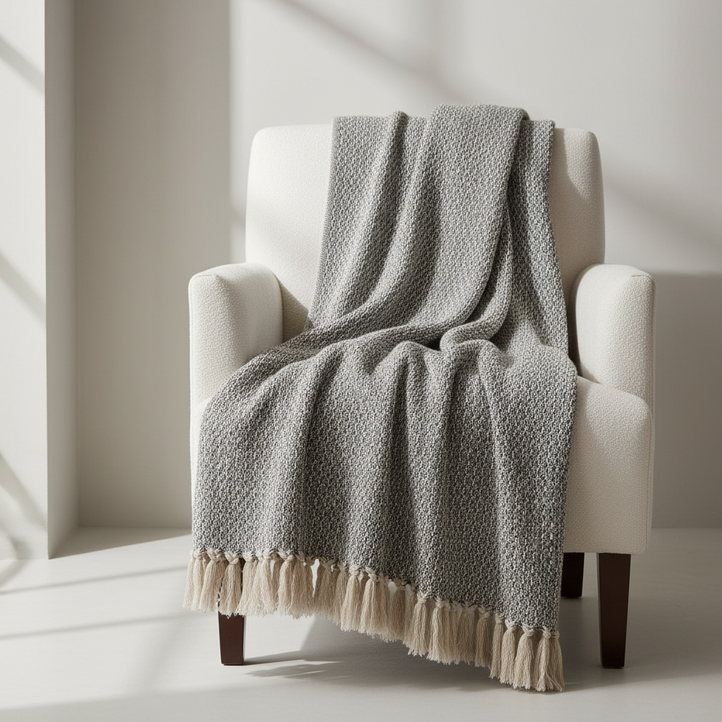 Kvadratisk bilde av House Nordic Cort bomullspledd over lys lenestol