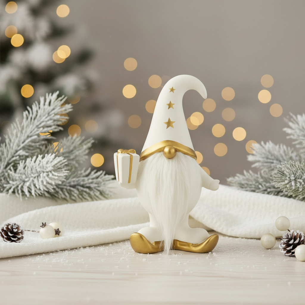 Nissefigur i hvitt porselen med gullhatt og langt skjegg, 29 cm