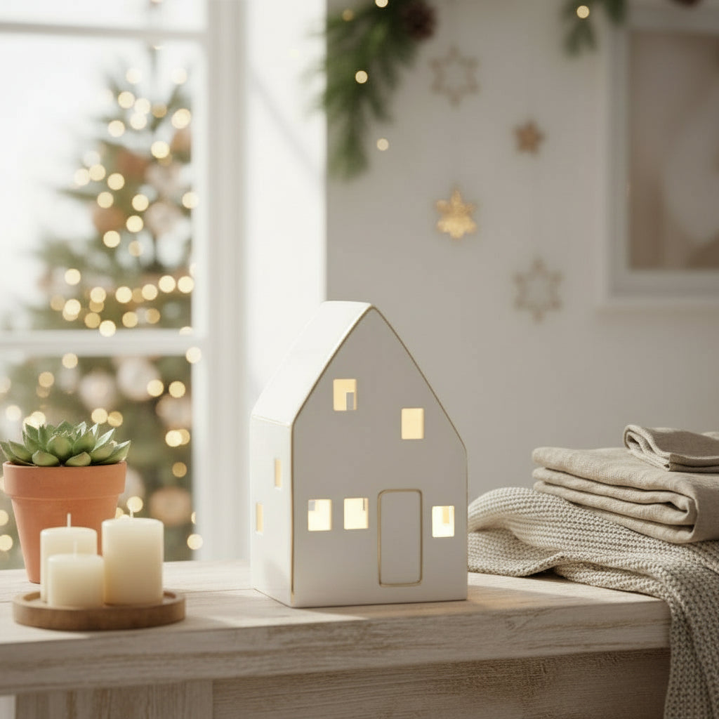 Nordby keramikkhus liten hvit med LED-lys - dekorativt lyshus 10 cm